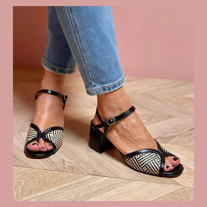 RACHELE | SANDALI IN TESSUTO INTRECCIATO CON TACCO LARGO